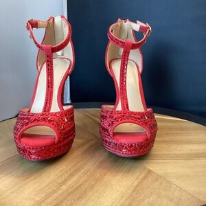 Thalia Sodi Red Chancey Rhinestone Platform Stiletto Women 5.5M Peep Toe TStrap‎